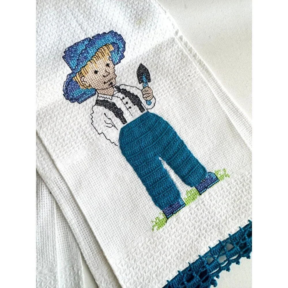 Vintage Crochet Detail Tea Towels Girl and Boy Motif Set of 2